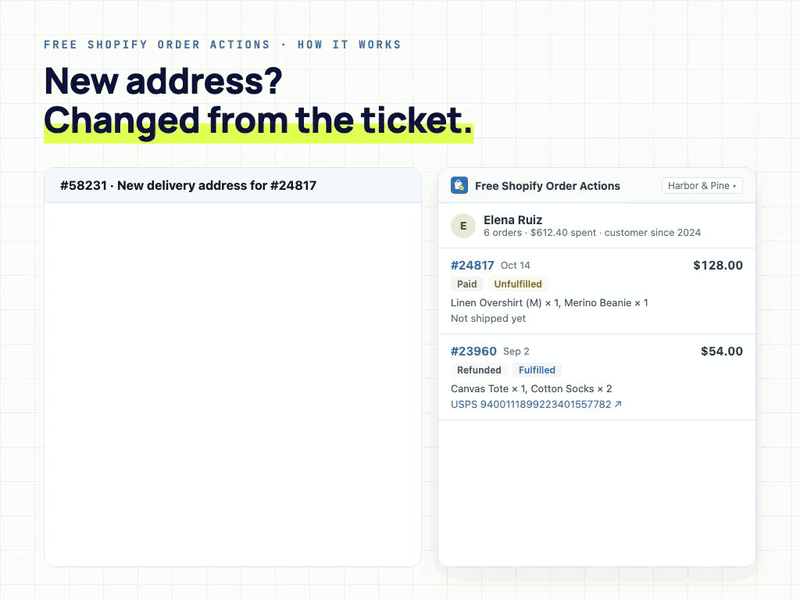 Free Shopify Order Actions changing a Shopify shipping address from the Zendesk ticket sidebar